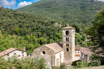Fototapeta premium View of the 12th-century Romanesque church in the picturesque mountain village of Beget, Catalonia, Spain