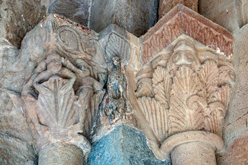 Historic Romanesque Sculpture Sant Joan de les Abadesses Monastery Spain 12th Century Medieval Portal Capitals with Birds and Acanthus Leaves