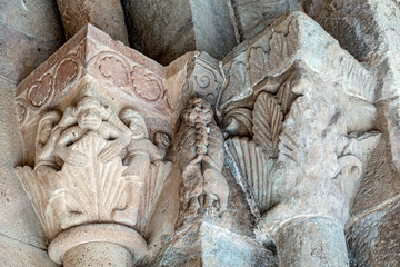Historic Romanesque Sculpture Sant Joan de les Abadesses Monastery Spain 12th Century Medieval Portal Capitals Detail with Human Figures