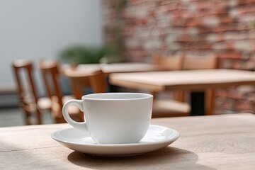Fototapeta premium White coffee cup on saucer, wooden table, outdoor cafe setting