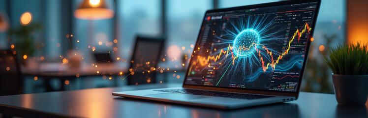 Laptop screen shows glowing neural network with stock market charts and data. Future finance and AI tech displayed on device screen. Business analytics concept.