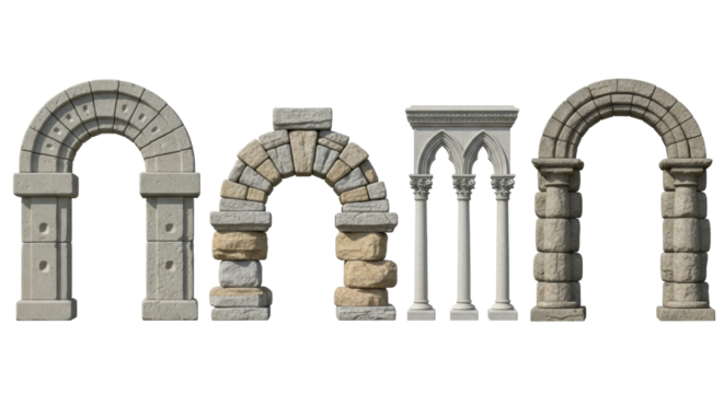 Isolated medieval archways and stone column set, European architectural design element