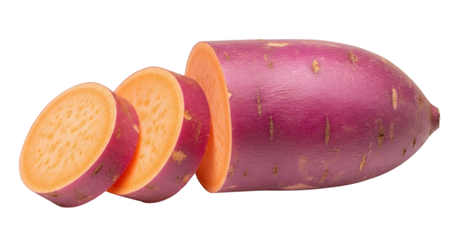 Isolated sliced purple skin sweet potato, orange flesh, uncooked raw, cut in cross sections