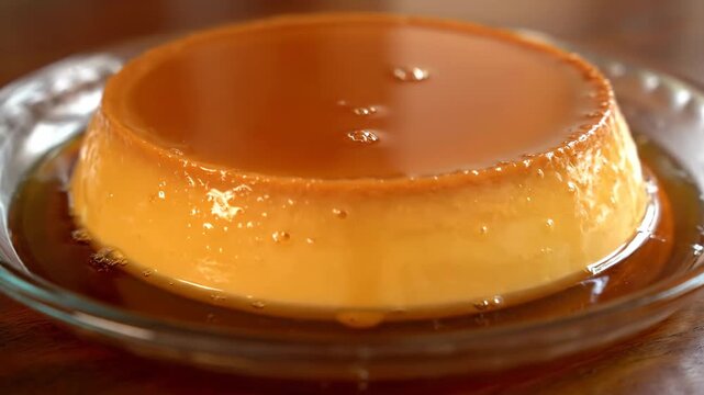 Tempting Brazilian Flan in Glass Dish - A close-up of a delicious Brazilian flan sits in a clear glass dish. The dessert glistens with caramelized sugar and golden perfection.