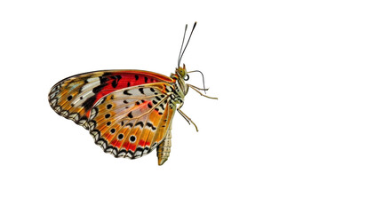 Isolated Tropical Butterfly Resting with Red, Orange, and Black Patterned Wings Close-up