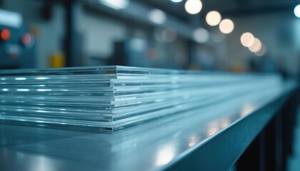 Stack of clear plastic sheets sits on metal surface in factory. Precision manufacturing process uses modern tech for high quality product fabrication and assembly.