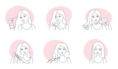 Hair care, hairstyle thin line icons set vector illustration. Outline instructions with female character making massage with comb and brush, drying with hairdryer, ironing curly hair with straightener