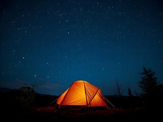 Discover the peaceful wonder of a vibrant starry night sky from a cozy, glowing camping tent.