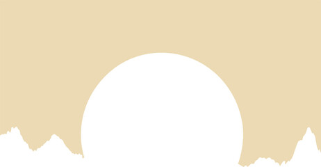 A minimalist silhouette illustration of a large black sun setting or rising behind jagged mountain peaks, with a beige sky background.