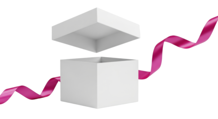 Isolated surprise open gift box with pink ribbon, a celebration concept for product showcase