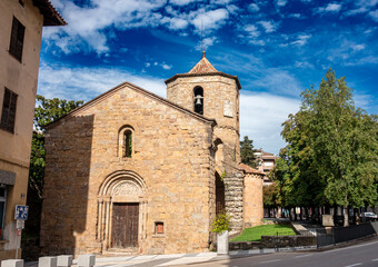 Historic Romanesque Church Sant Joan i Sant Pau in Sant Joan de les Abadesses Spain 12th Century Medieval Facade and Octagonal Tower