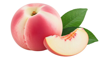 Isolated donut peach with a slice and green leaves against a neutral backdrop, ripe fruit