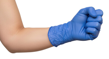 Isolated arm wearing blue protective glove, hand clenched in fist, professional medical care