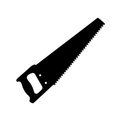 A silhouette image of a hand saw with a white background is isolated