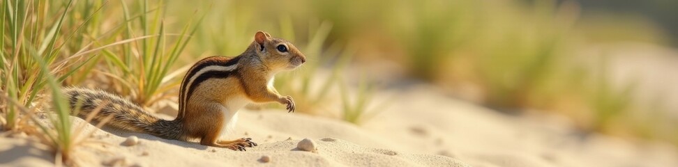 Coastal California ground squirrel foraging on dune grass, foraging, headshot