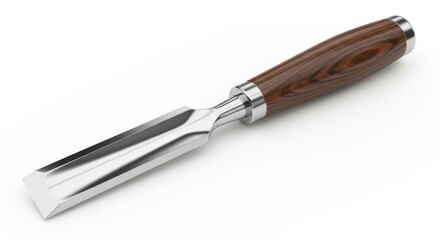Obraz premium Sharp metal woodworking chisel tool with wooden handle for craftsmanship and diy projects white background