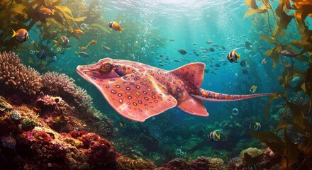 Elegant bluespotted stingray gliding through vibrant coral reef ecosystem artwork