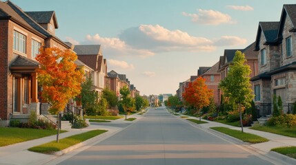 Fototapeta premium Construction Slowdown Design. Suburban street lined with modern houses and autumn trees under a blue sky