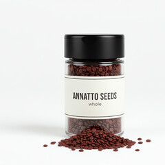 A glass jar of annato seeds on white background