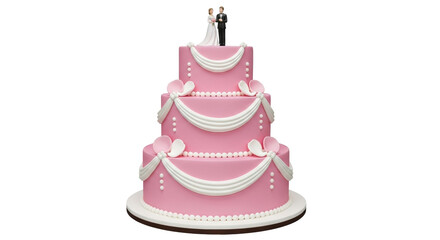 Isolated cake three-tiered pink with bride and groom, traditional for wedding reception