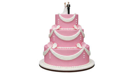 Isolated cake three-tiered pink with bride and groom, traditional for wedding reception