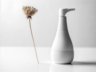 White, minimalist soap dispenser next to a dried flower on a white surface.