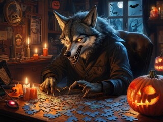 Werewolf solving a puzzle in a dark room