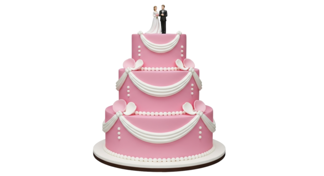 Isolated cake three-tiered pink with bride and groom, traditional for wedding reception