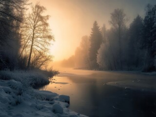 A serene winter landscape featuring a partially frozen river, trees, and a misty atmosphere.