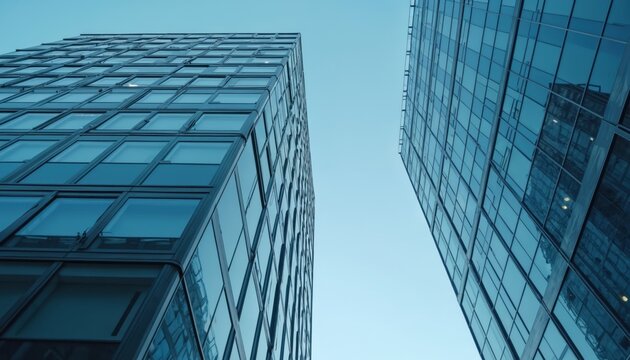 Two modern glass office buildings rise towards a clear blue sky. Their facades reflect light creating geometric patterns. The buildings appear unoccupied and pristine.