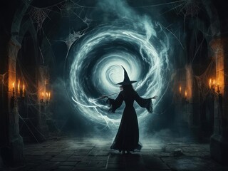 A witch in a dark, gothic chamber casts a spell, creating a swirling vortex of energy.