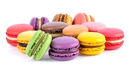 Colorful macarons on white background