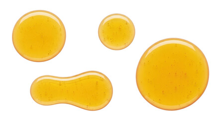 Isolated glossy honey drops, viscous amber liquid, round and elongated shapes, clean surface
