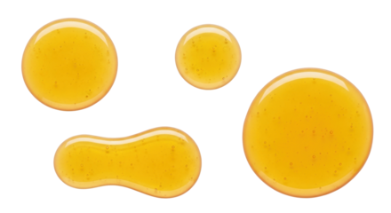 Isolated glossy honey drops, viscous amber liquid, round and elongated shapes, clean surface