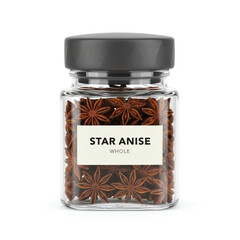 A glass jar of star anise on white background