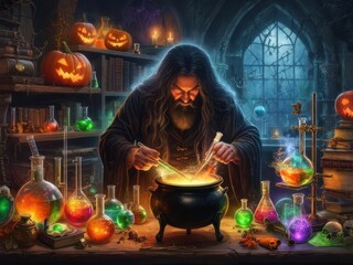 A wizard is stirring a bubbling cauldron in his laboratory, surrounded by potions and Halloween pumpkins.