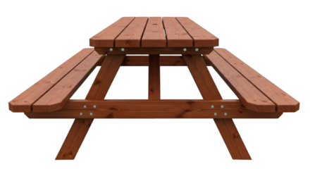 Wooden picnic table with attached benches on a black background