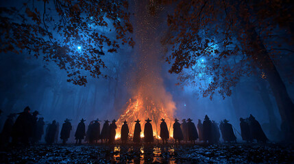 Samhain festival in ancient Celtic tradition, Ireland. Villagers in cloaks and masks gather around a massive bonfire under a starry night sky.