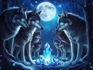 A pack of wolves gathers around a glowing crystal under the moonlit forest.