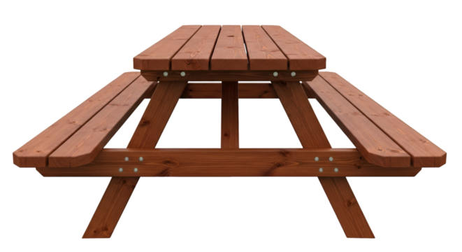 Wooden picnic table with attached benches on a black background