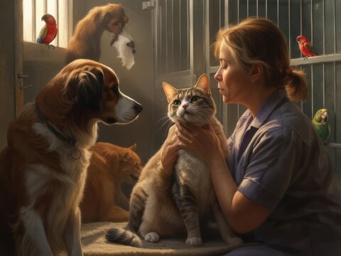 Woman caring for animals in a shelter