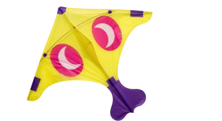 Isolated yellow kite with purple accents and crescents floats against a clean backdrop