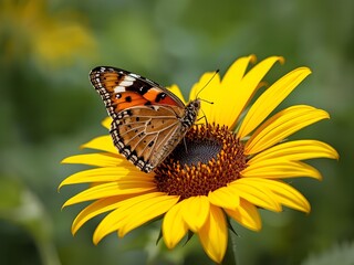 Obraz premium Stunning butterfly gracefully perched on vibrant yellow sunflower, showcasing nature's beauty