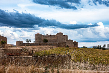 Late Medieval and Renaissance Military Architecture Almenar Castle Soria Spain 15th Century Fortress Against Dramatic Cloudy Sky