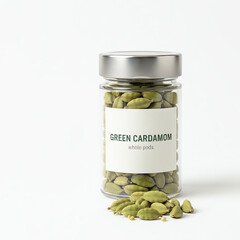 A glass jar of green cardamon on white background