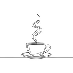 Single line drawing of coffee cup with steam on white background