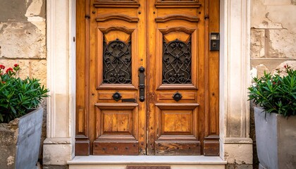 Fototapeta premium Antique wooden double doors on a stone building