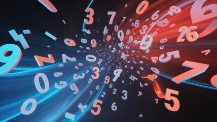 Surreal explosion of numbers vibrant swirling digits abstract blue and red light dynamic motion mathematical energy futuristic concept digital art energetic atmosphere