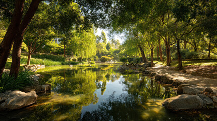 The peaceful scene of a park features a pond reflecting green trees in the sunlight.