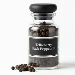 A glass jar of tellicherry black peppercorns on white background